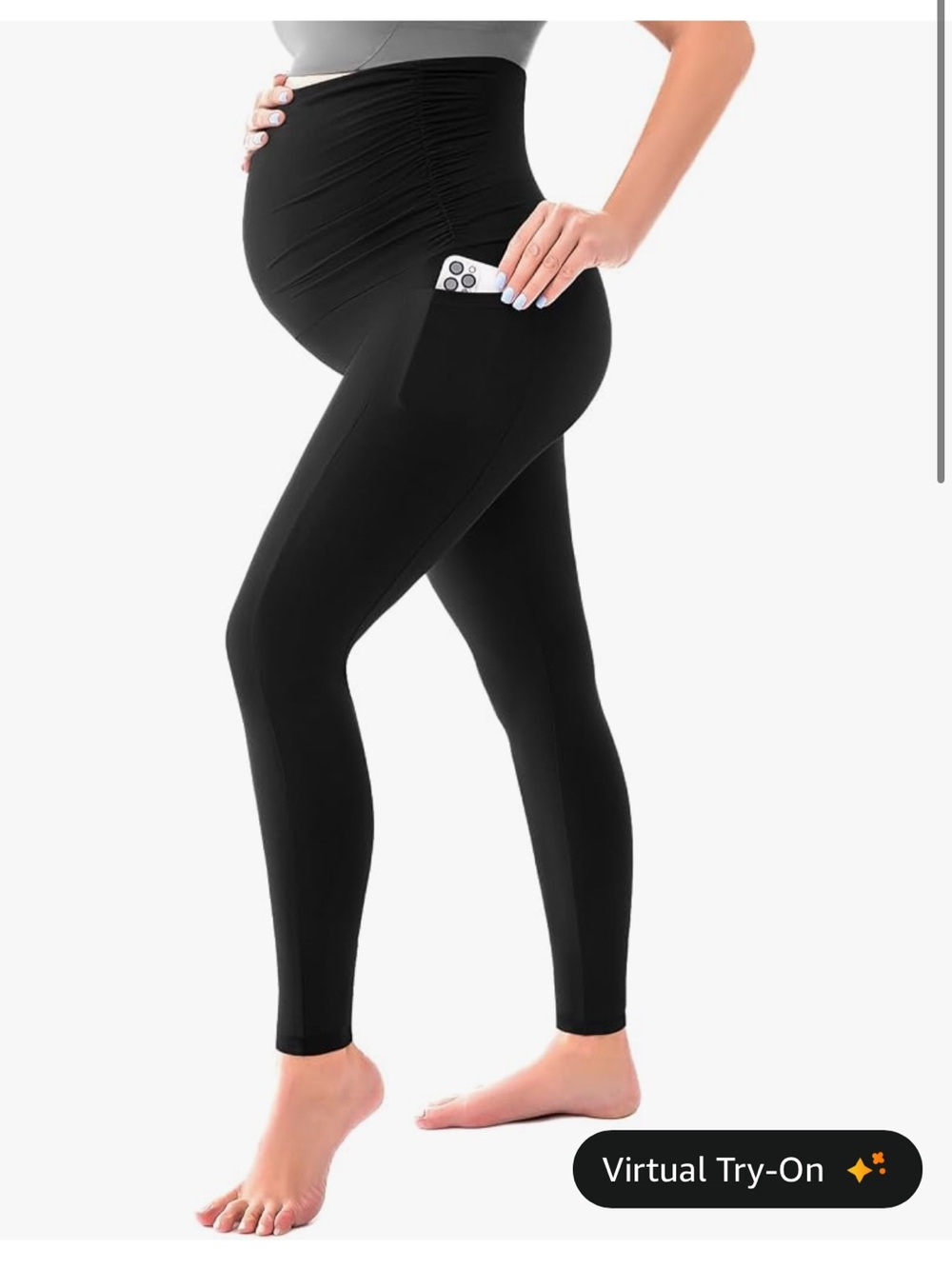 Maternity High-Waist Black Leggings with Side Phone Pocket